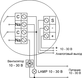 Электрическая схема подключения порогового датчика газа WPD/M на CO с аналоговым и релейным выходами